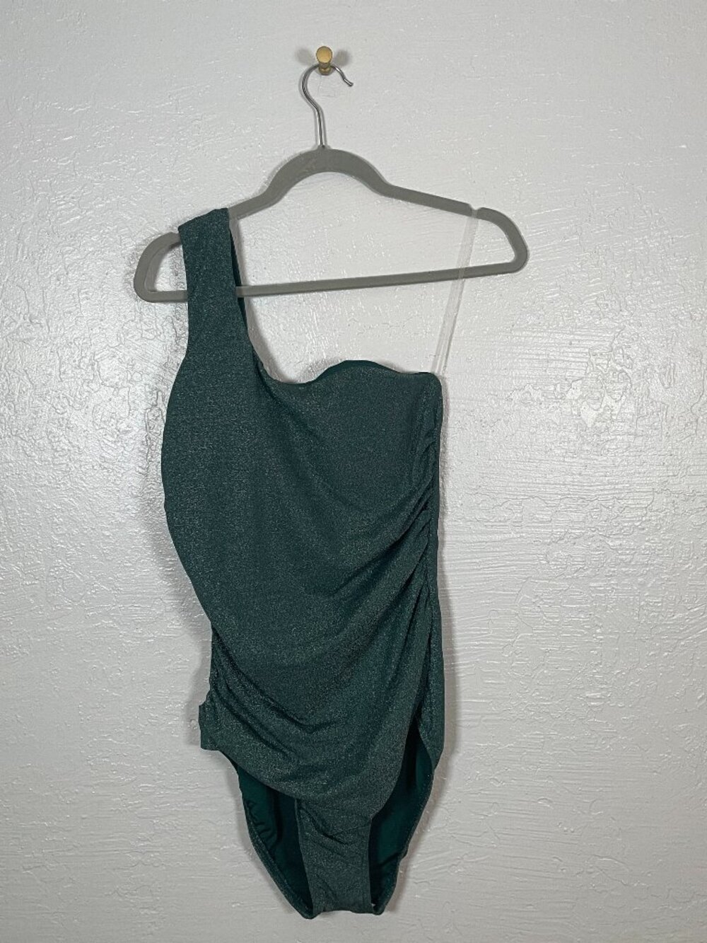 Lands End Women 14L Green Shine Shirred One Shoulder High Leg One Piece Swimsuit